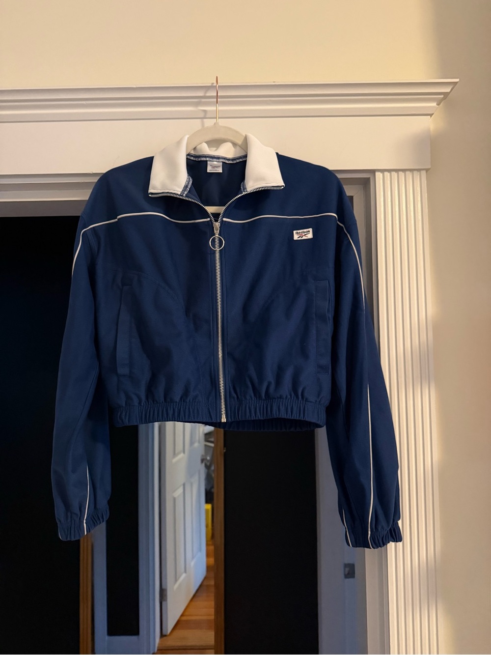 Reebok Navy Blue & White Cropped Track Jacket Size S Retro Y2K